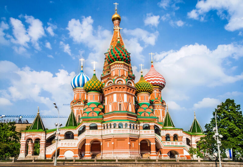 An Orthodox cathedral, complete with onion domes, looks magnificent on a sunny day.