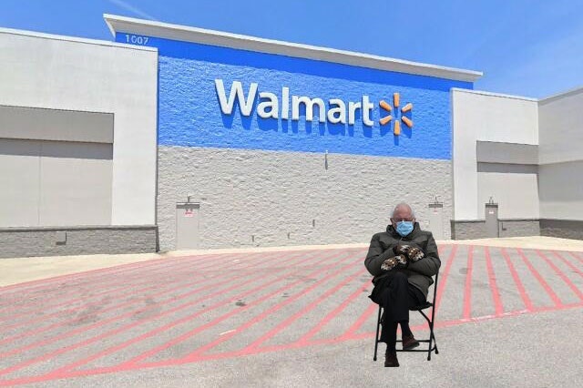 bernie cutout in Walmart parking lot