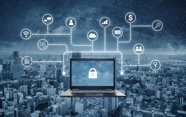 Internet and online network security system. Laptop computer with lock icon on screen and application programming interface icons