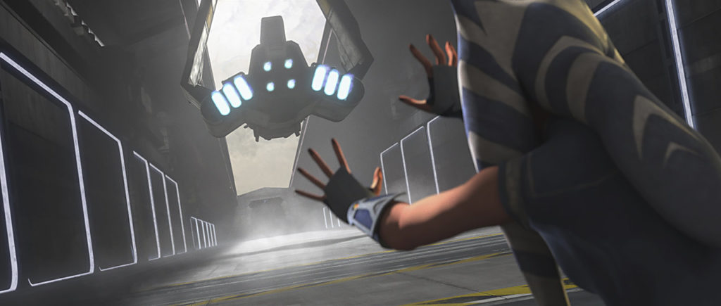 Ahsoka letting go of the shuttle to help Rex