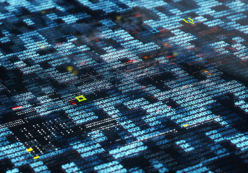 Illustration of Internet data, with long strings of numbers laid out on a grid.