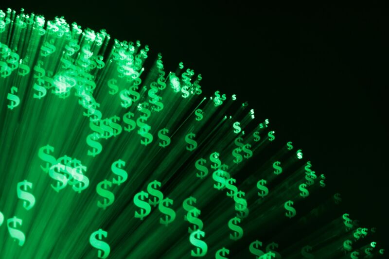 Illustration of fiber Internet lines with dollar signs.