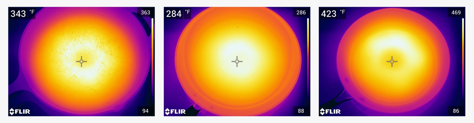 infrared images of three different frying pans