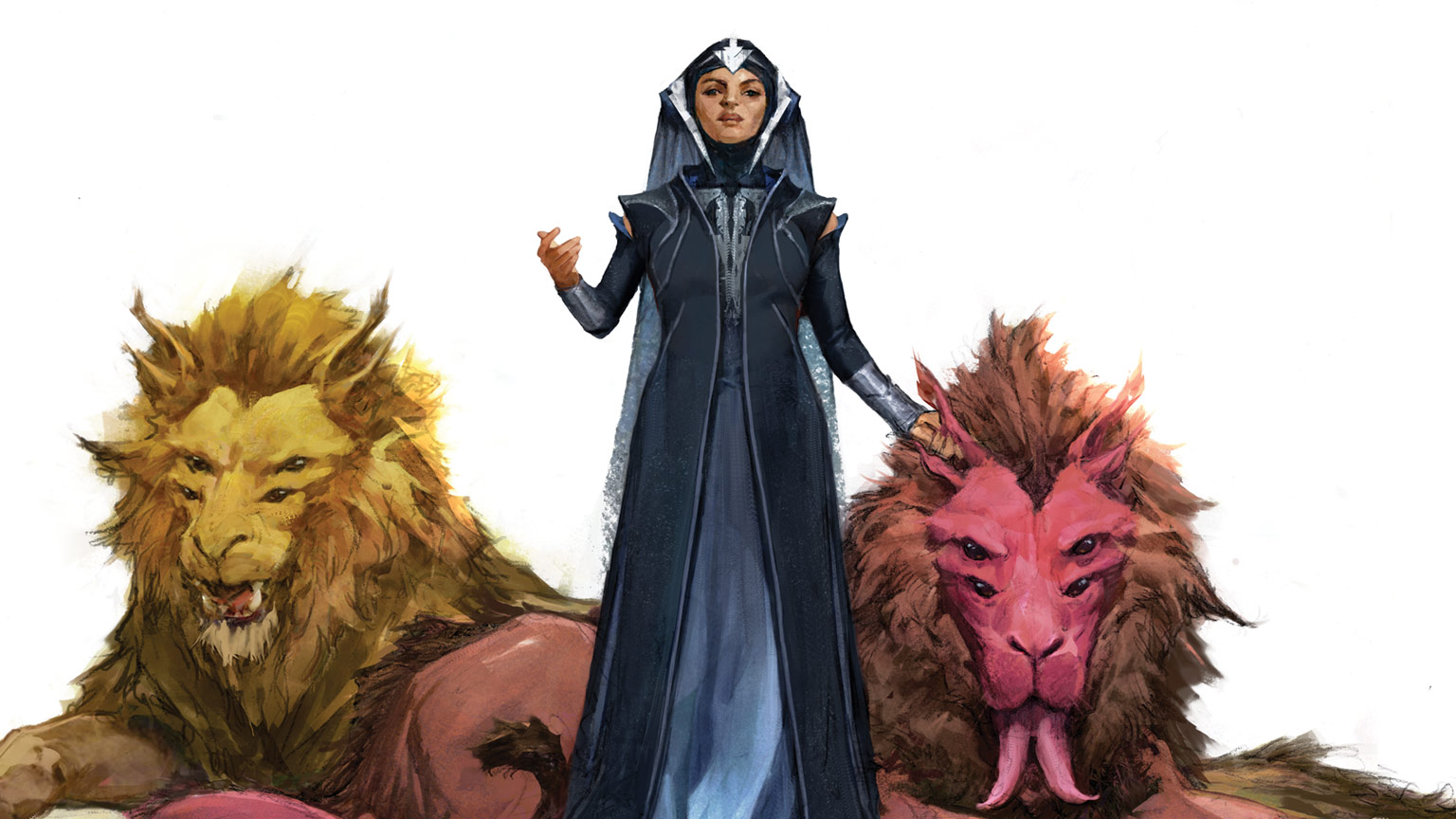 concept art of Chancellor Lina Soh and her pet targons