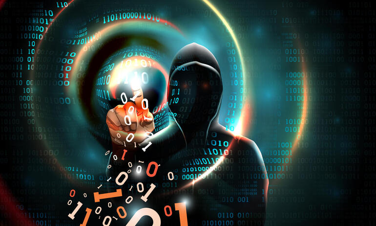 Computer hacker with a hood touches the touch screen binary code. Light waves on abstract binary dark background hacker silhouette. Hacking computer system, database server, data theft, vector