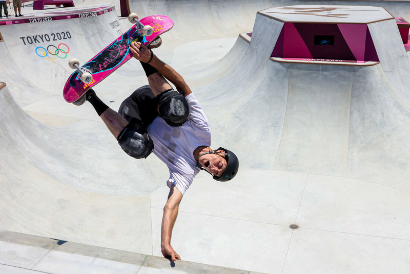 Tokyo, Japan, Friday, July 23, 2021 - Scenes from the Ariake Urban Sports Park where Olympic skateboarders practice before competition starts in a few days. Skating legend Tony Hawk was skating, as well, doing a photo shoot to promote the new Olympic sport. (Robert Gauthier/Los Angeles Times)