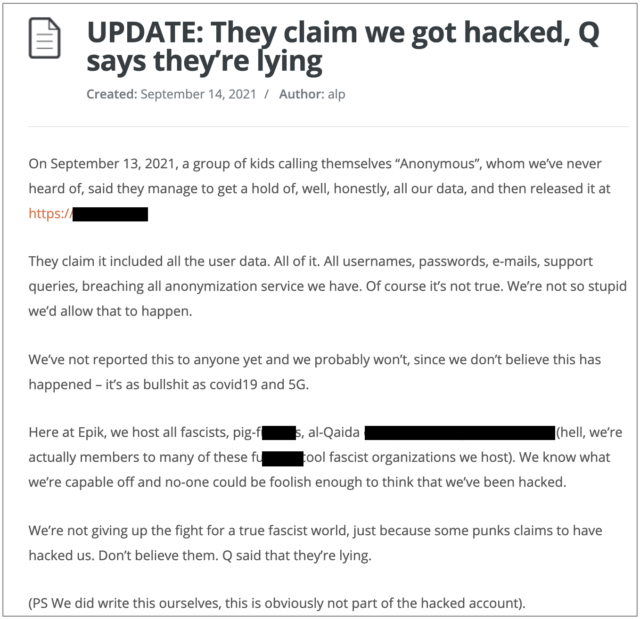 Anonymous mocks Epik's response by modifying the company's official knowledge base.