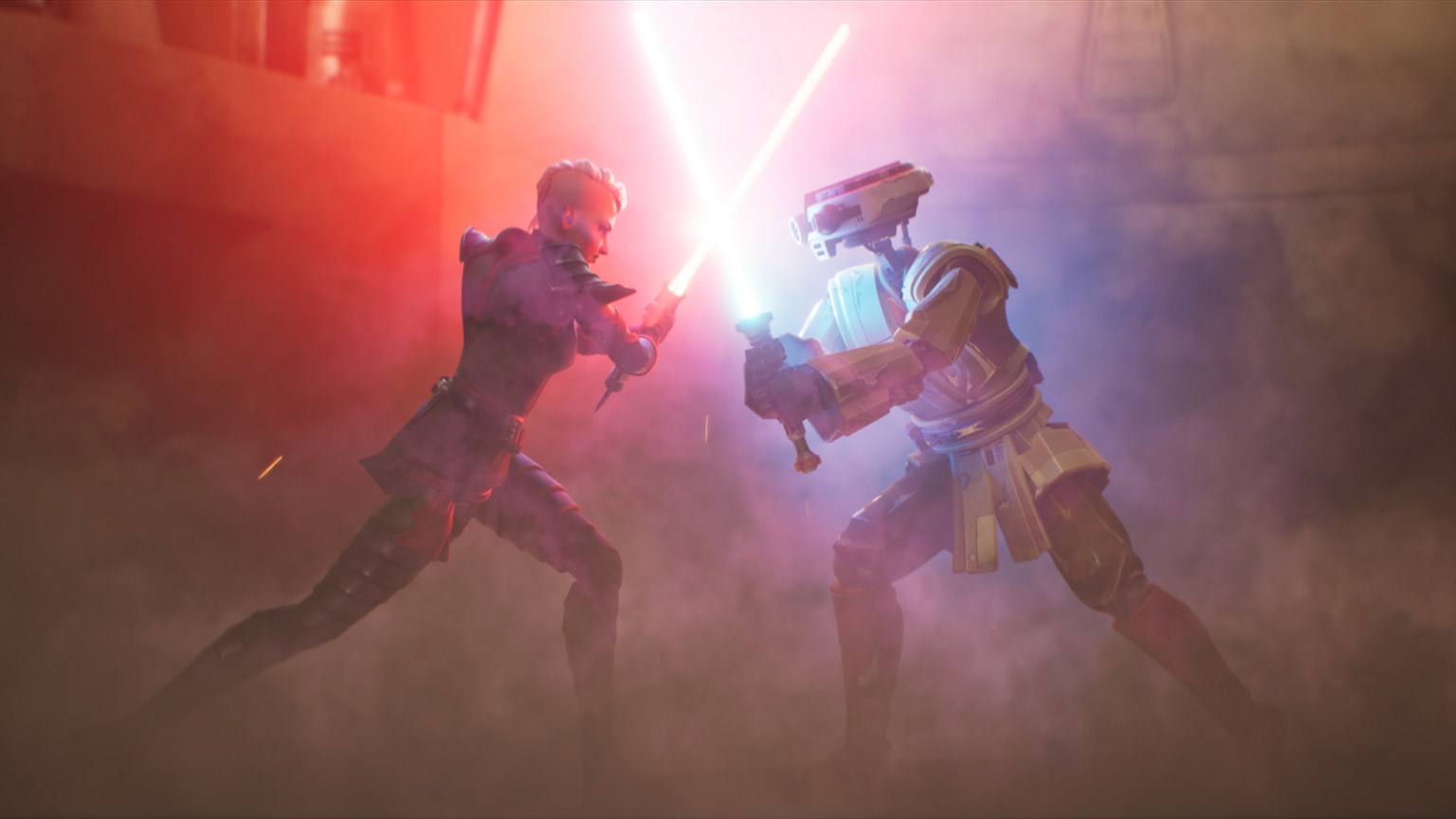 A lightsaber battle in Star Wars: Hunters.