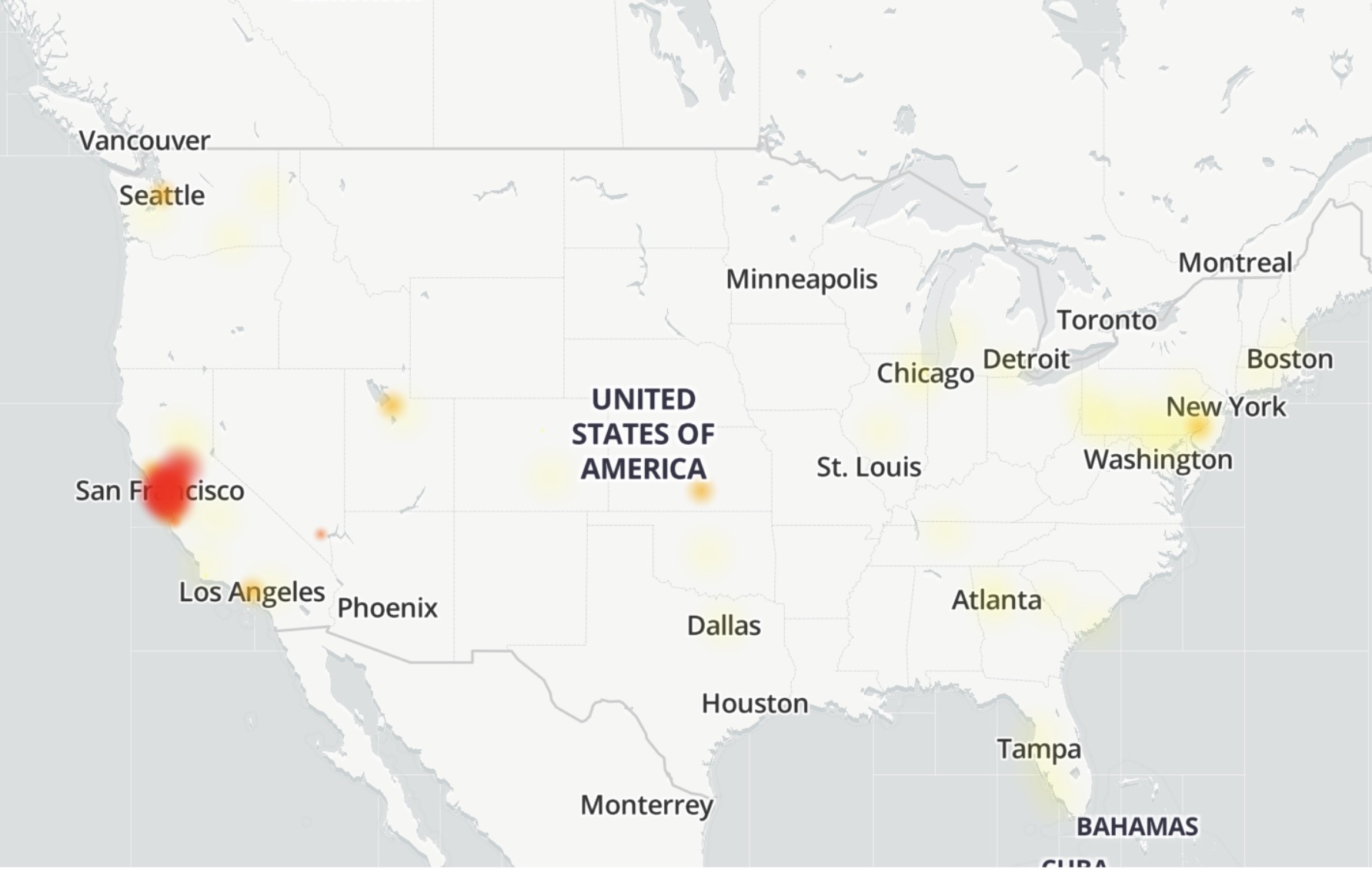 Downdetector's Comcast heat map shows where user-submitted problem reports are concentrated over the past 24 hours.