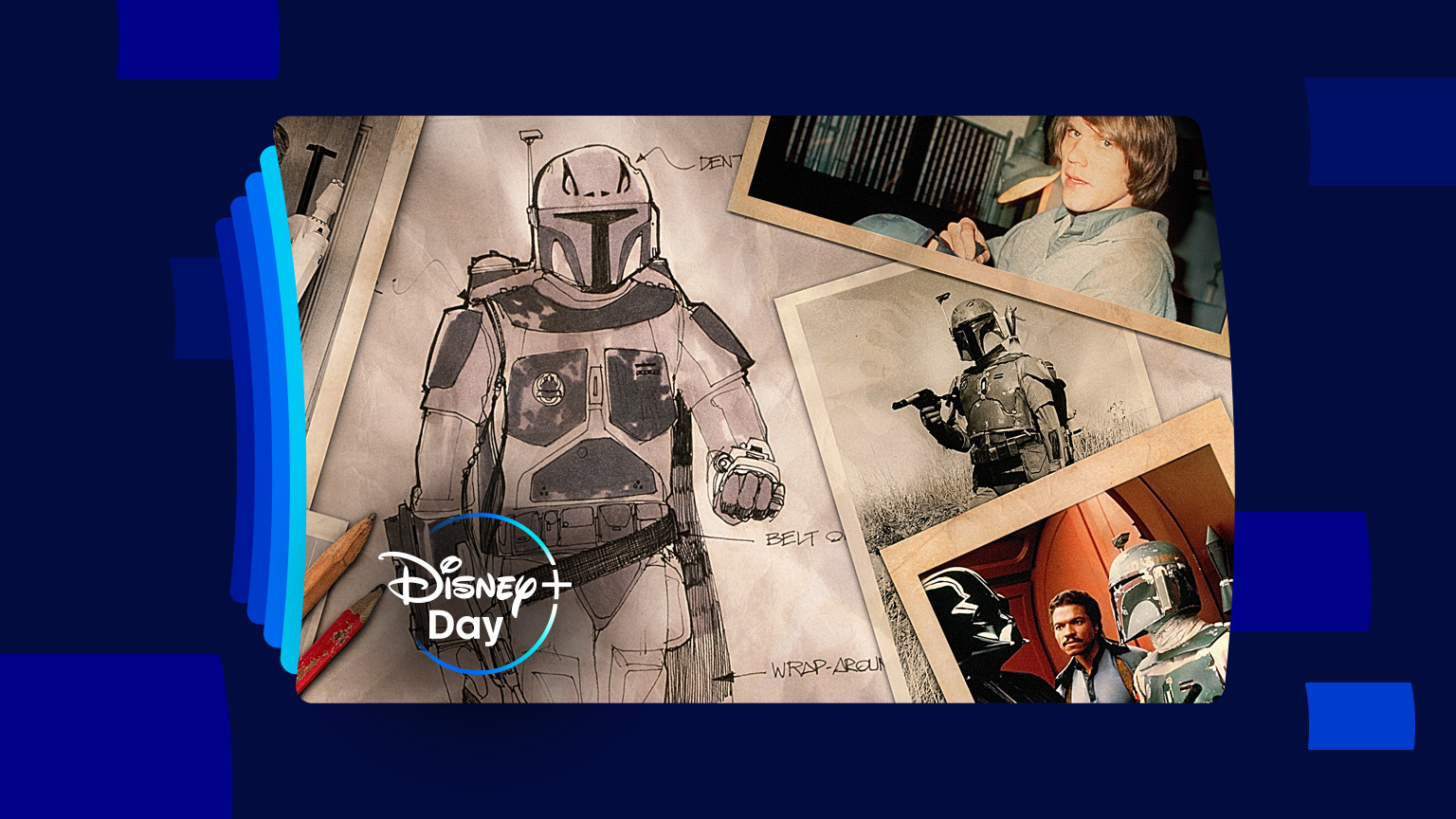 Boba Fett concept art and Boba Fett photos, with the Disney+ Day logo.