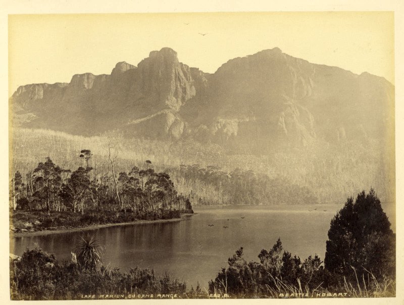 A vintage landscape photo of a lake in Tasmania in the 1890s